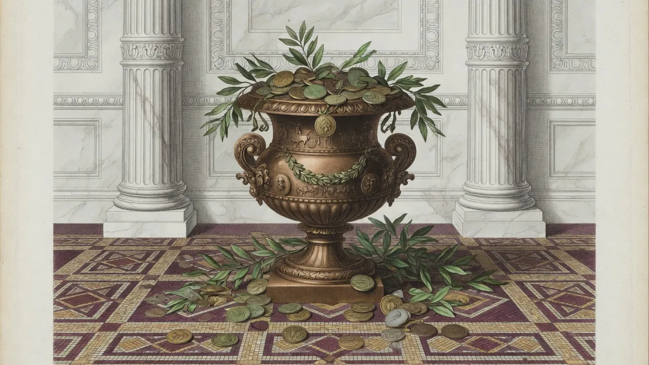 Bronze urn spilling wreaths and coins