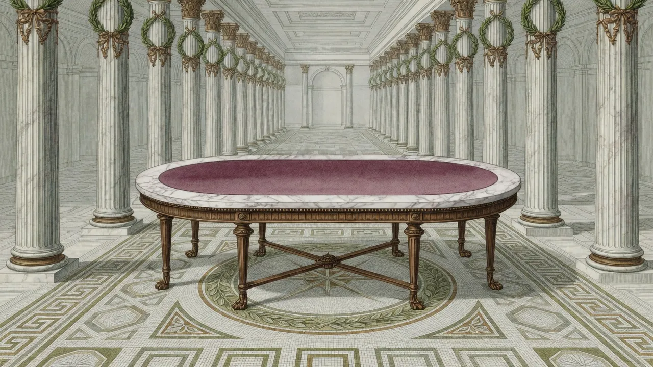 Colonnaded gallery of gaming tables